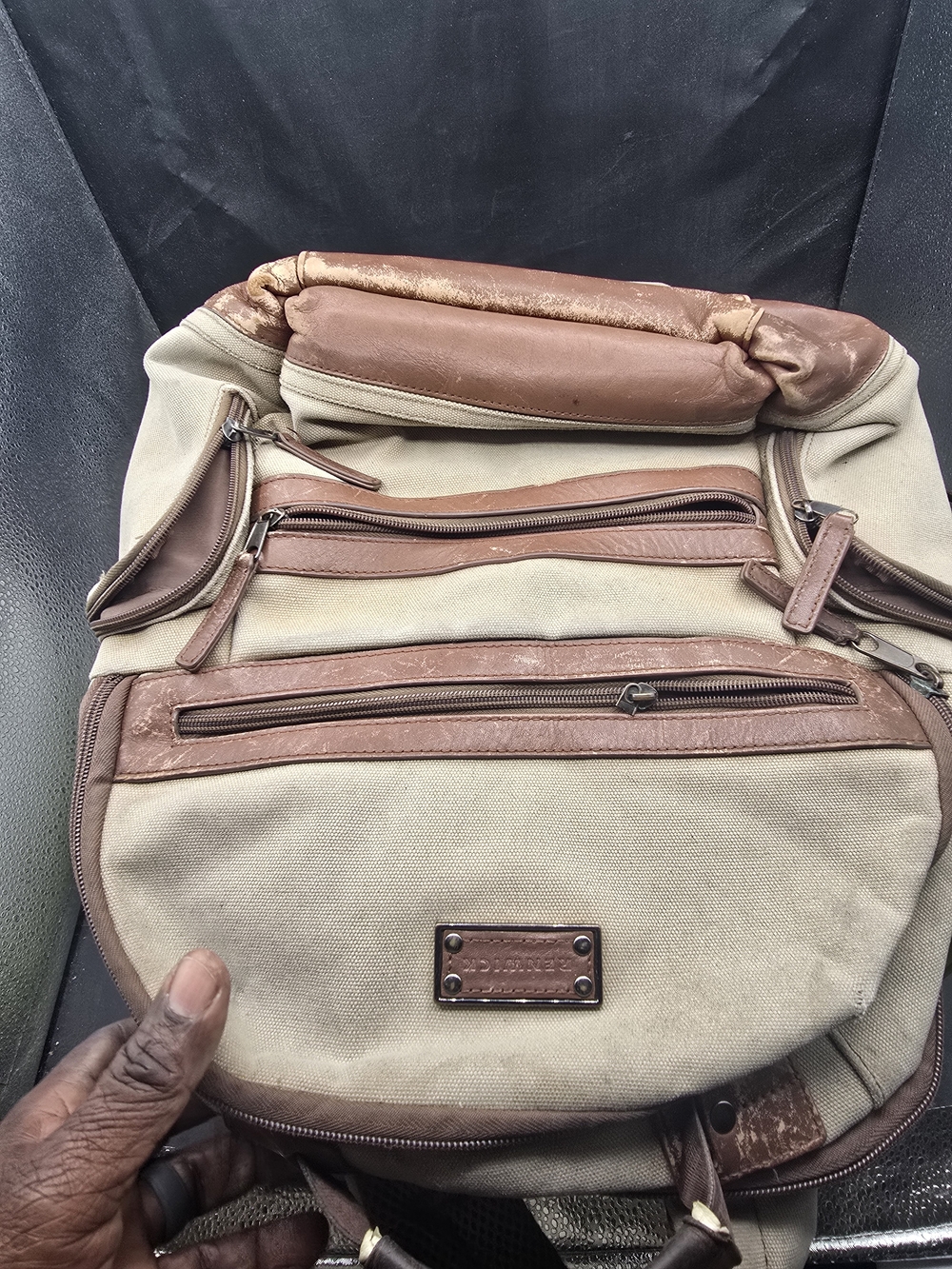 Canvas and Leather Men's Backpack in Beige and Brown - Unbranded